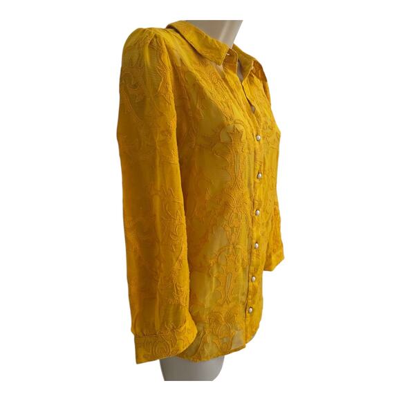 Forever That Girl Yellow Embroidered Victorian Blouse Pearl Buttons Sz Small - Picture 4 of 8
